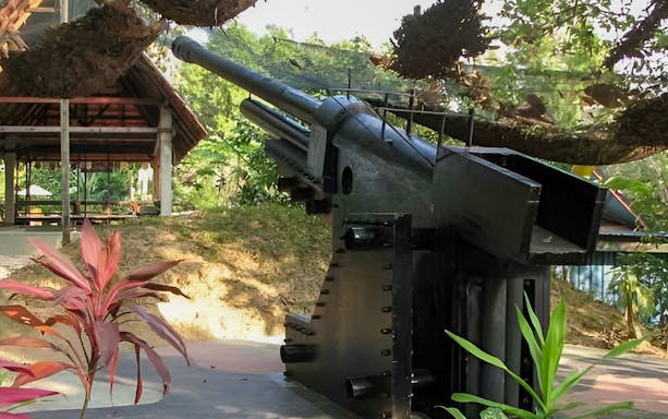 Penang War Museum artillery gun surrounded by tropical foliage.