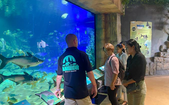 Visitors observing large fish in an aquarium at Angkor Wildlife & Aquarium, Siem Reap.