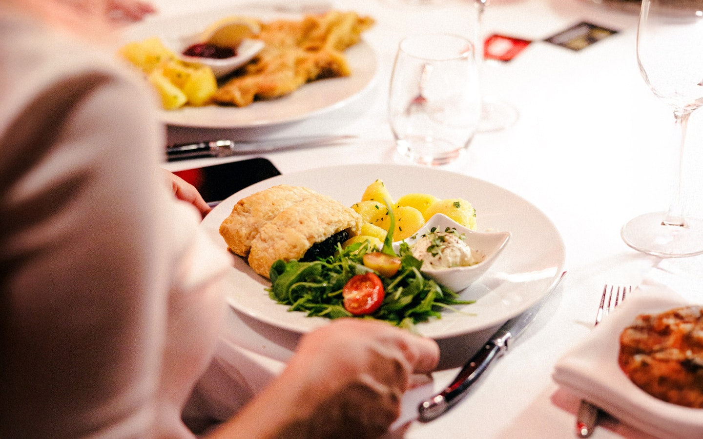 Plate with pastry, potatoes, salad, and sauce at Mirage dinner, Prater Vienna.