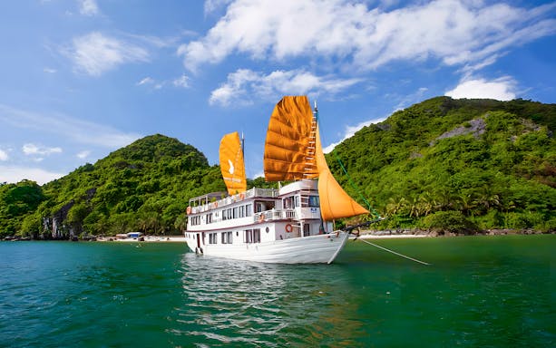 Ha Long Phoenix Cruise sailing in Halong Bay with lush green hills in the background.