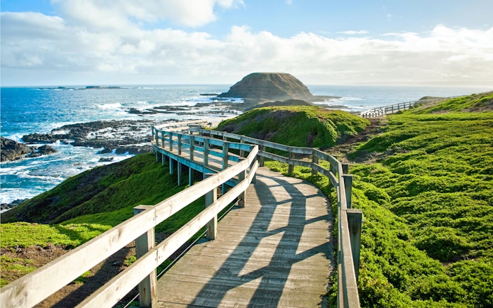 Coastal boardwalk at Phillip Island, Melbourne, with ocean and greenery.