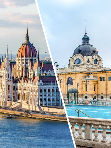 Hungarian Parliament Building and Széchenyi Thermal Bath in Budapest.