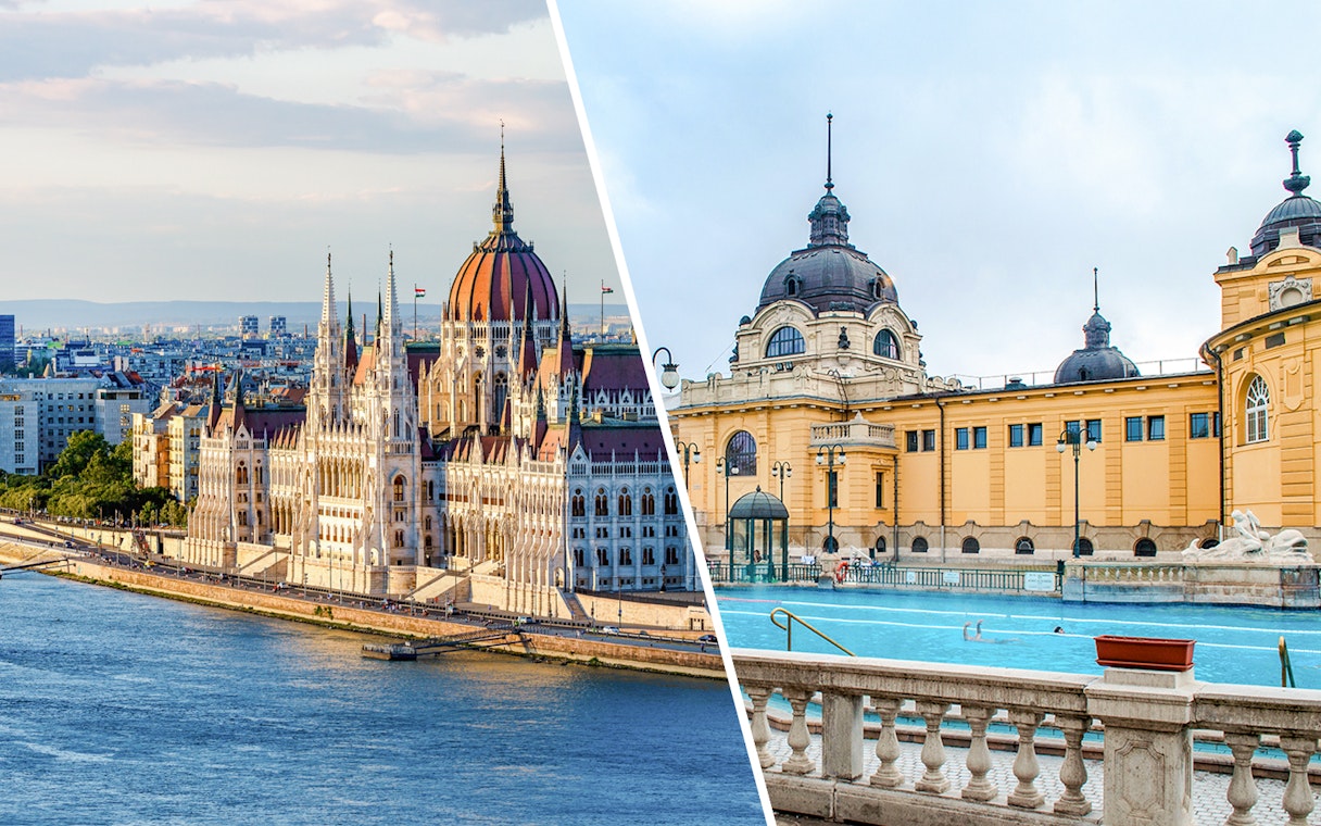 Hungarian Parliament Building and Széchenyi Thermal Bath in Budapest.