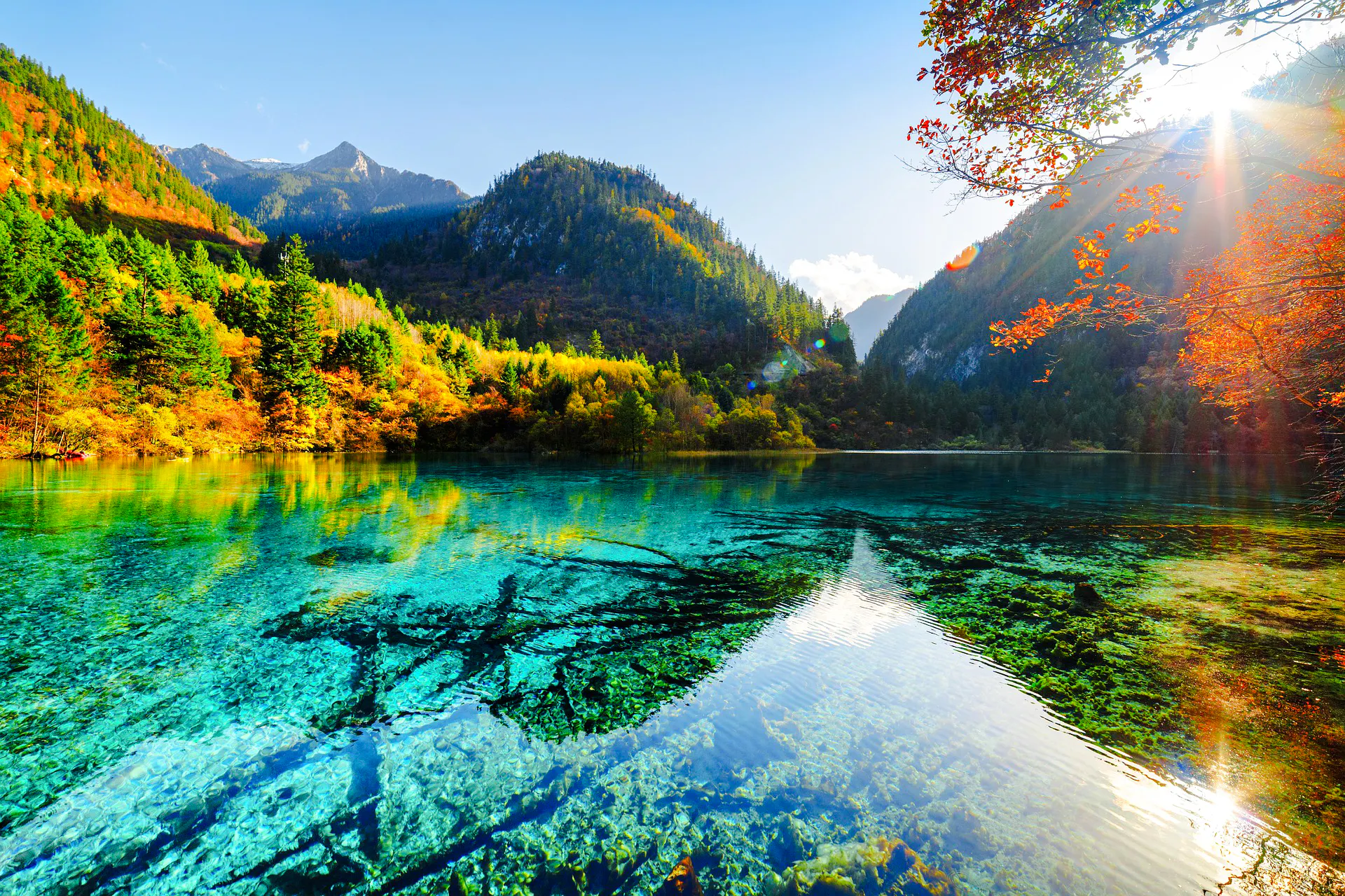 Jiuzhaigou Valley's clear turquoise lake with autumn foliage and mountain backdrop, Chengdu.