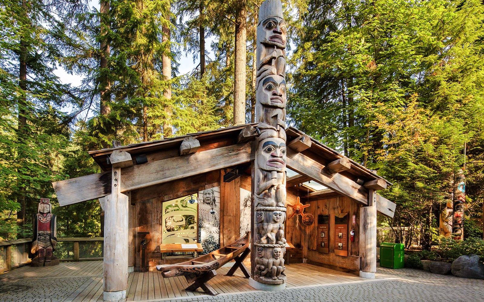 Totem poles and wooden structure at Capilano Suspension Bridge Park, Vancouver.