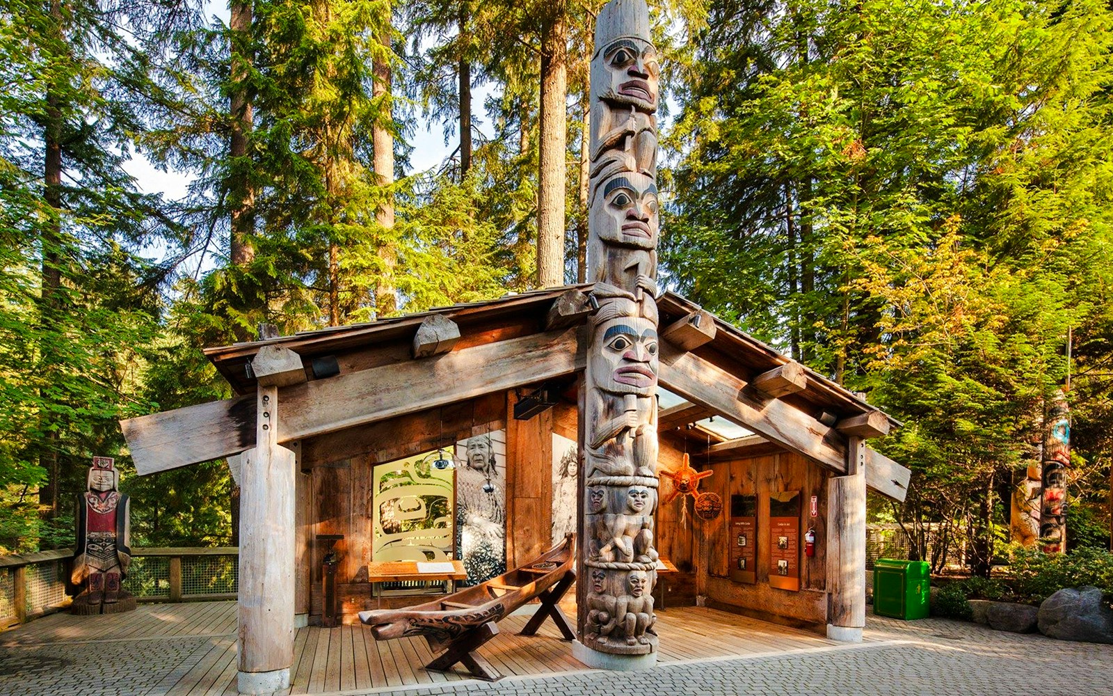 Totem poles and wooden structure at Capilano Suspension Bridge Park, Vancouver.