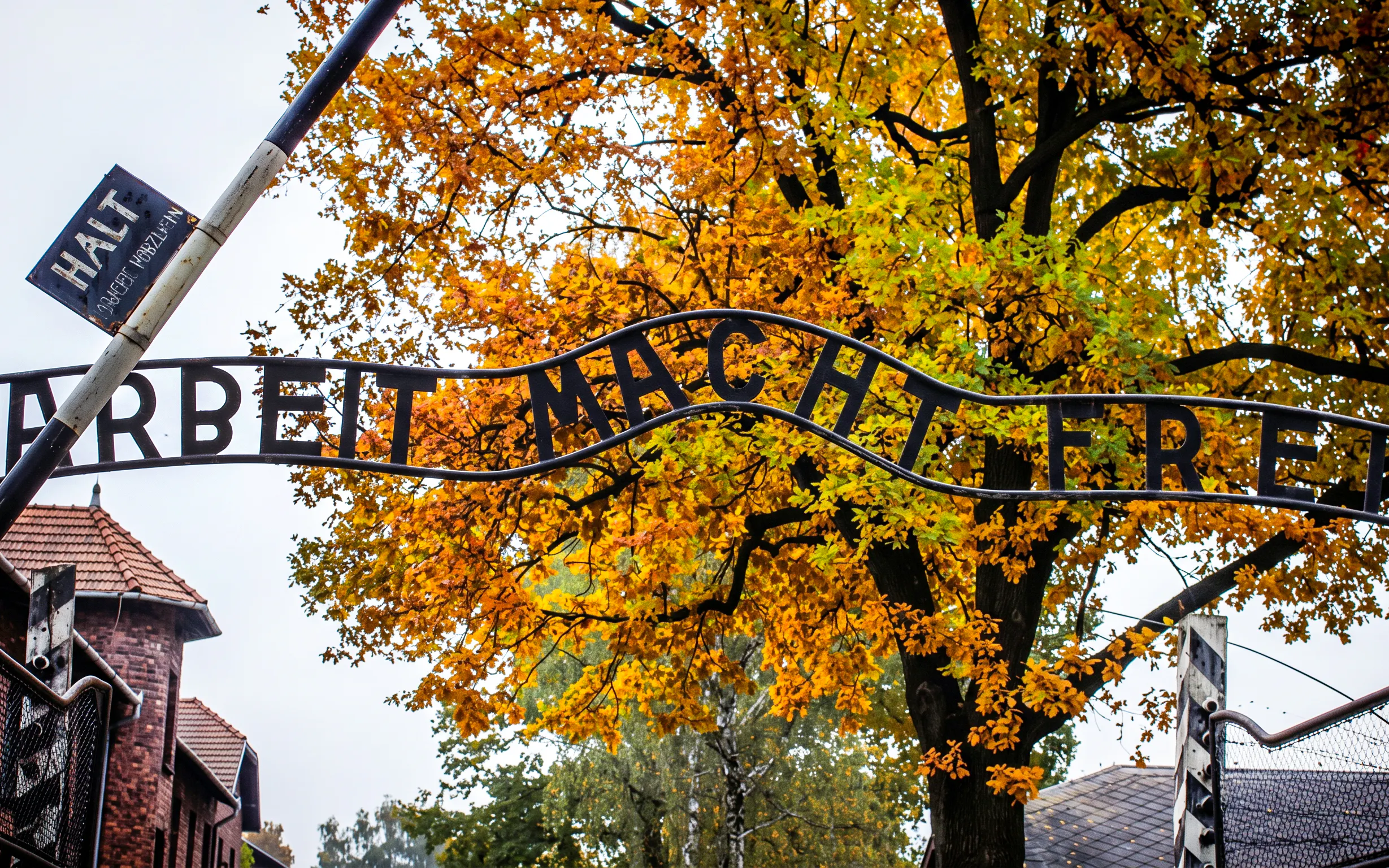 Entrance gate with "Arbeit Macht Frei" at Auschwitz-Birkenau, Krakow.