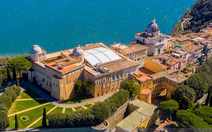 Aerial view of Castel Gandolfo overlooking Lake Albano in Rome.