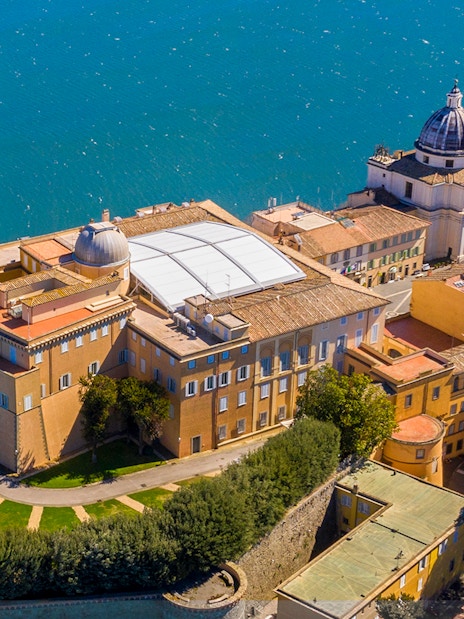 Aerial view of Castel Gandolfo overlooking Lake Albano in Rome.