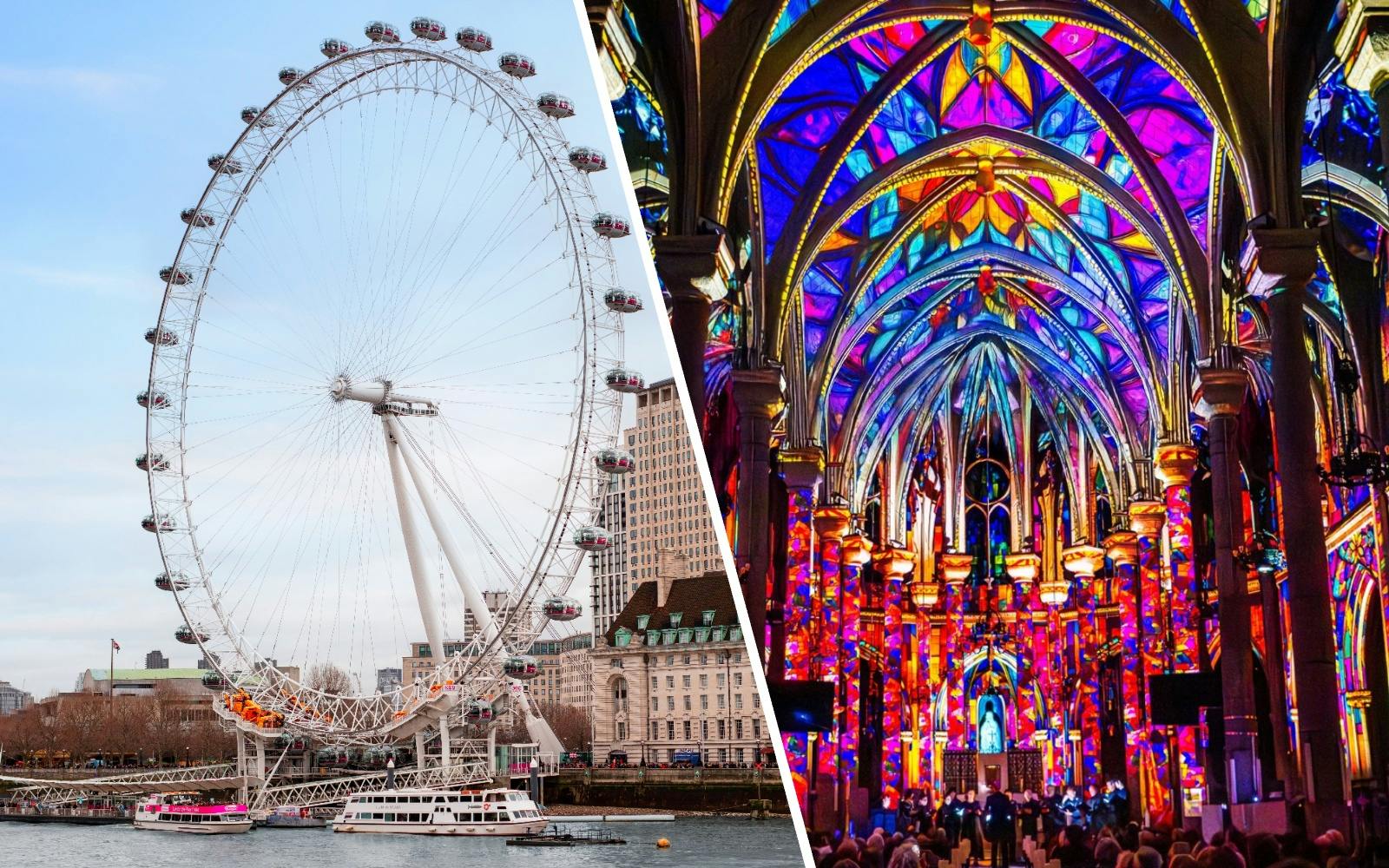 London Eye beside illuminated Westminster Cathedral interior.