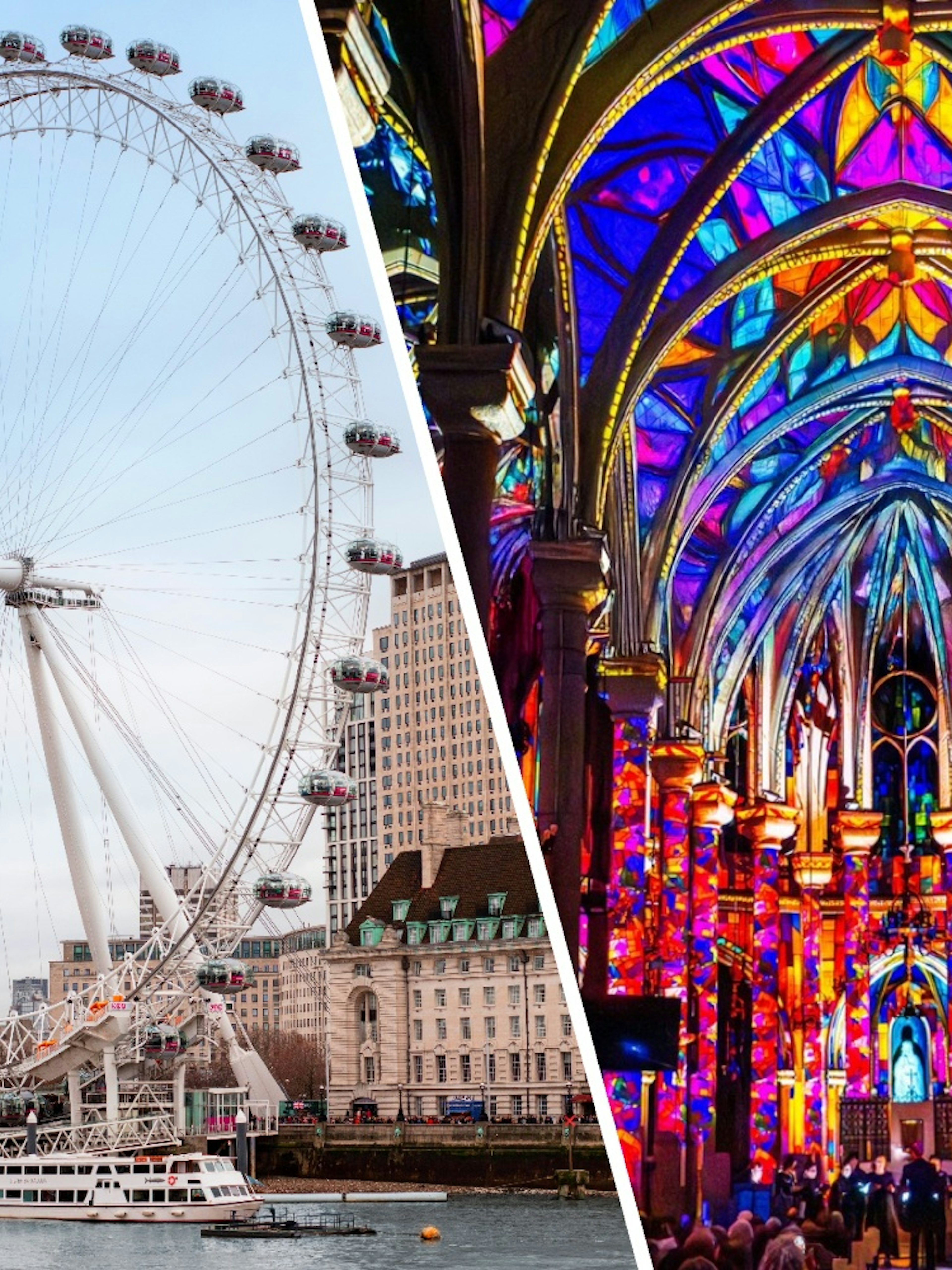 London Eye beside illuminated Westminster Cathedral interior.