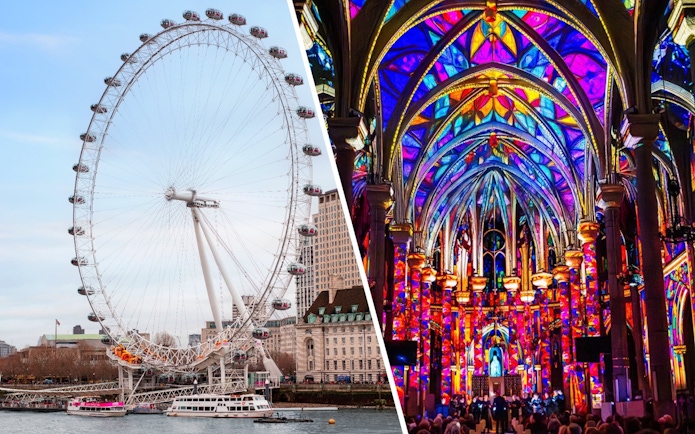 London Eye beside illuminated Westminster Cathedral interior.