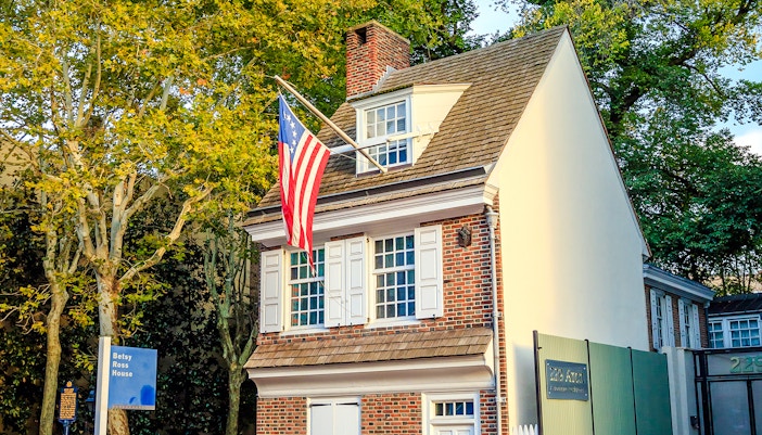 Betsy Ross House with American flag in Philadelphia.