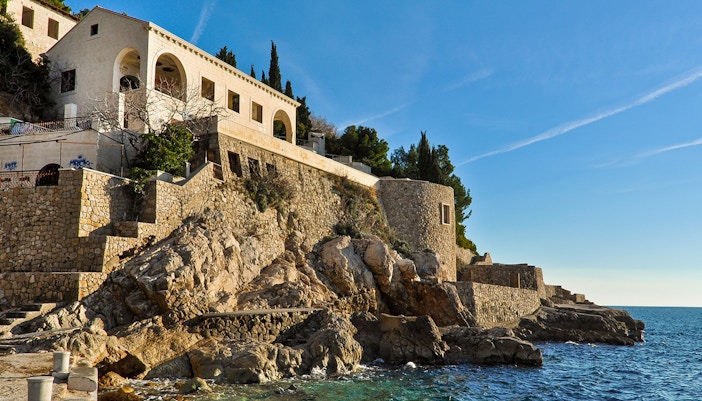 Hotel Belvedere ruins overlooking the Adriatic Sea in Dubrovnik, Croatia.