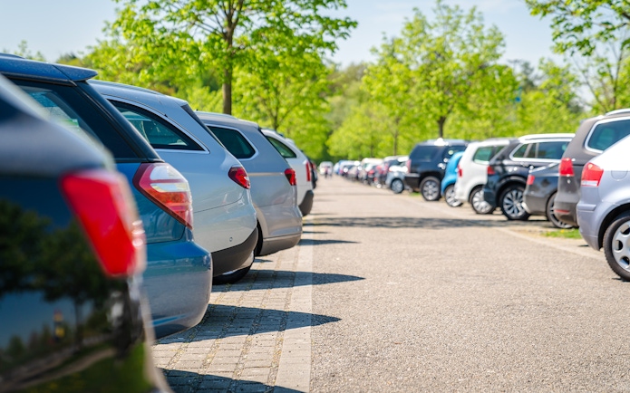 Row of parked cars under green trees in a sunny parking lot.
