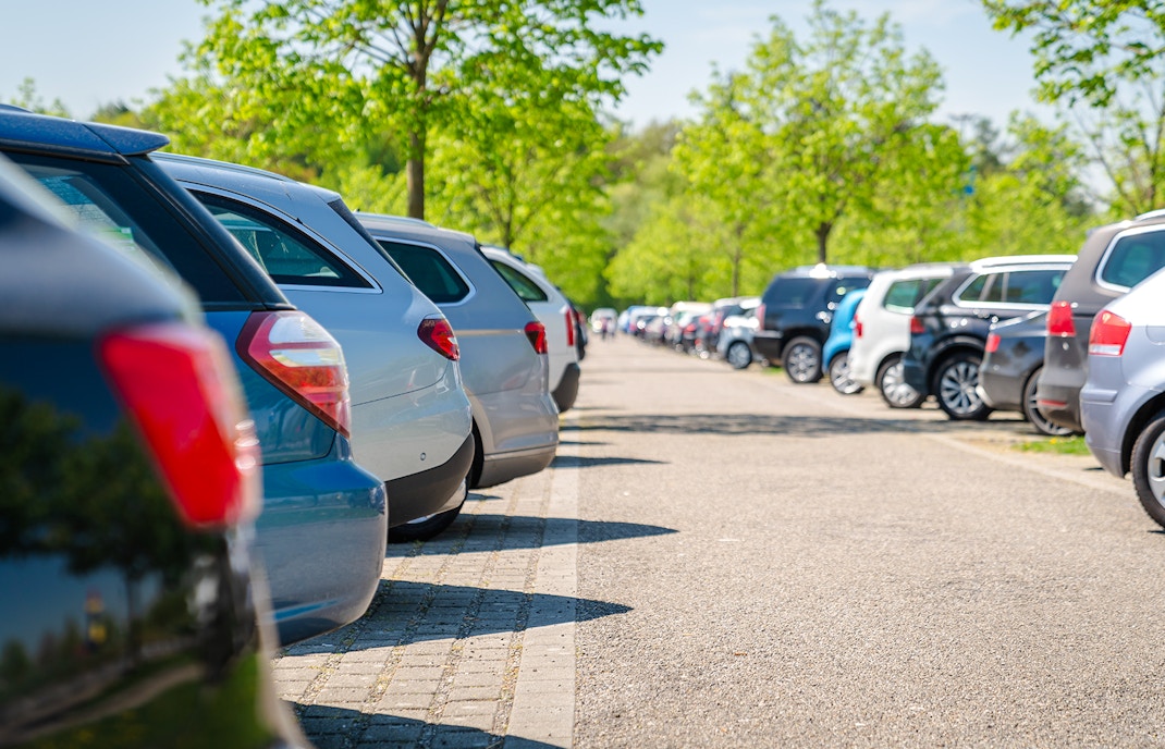 Row of parked cars under green trees in a sunny parking lot.