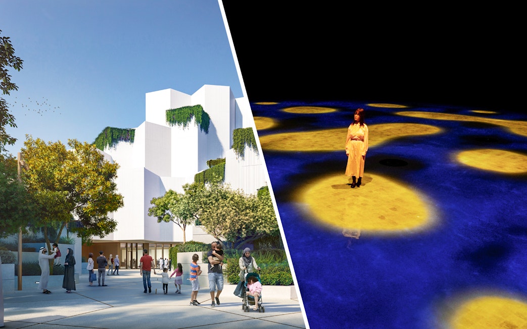 National History Museum Abu Dhabi exterior with visitors and unique architecture.