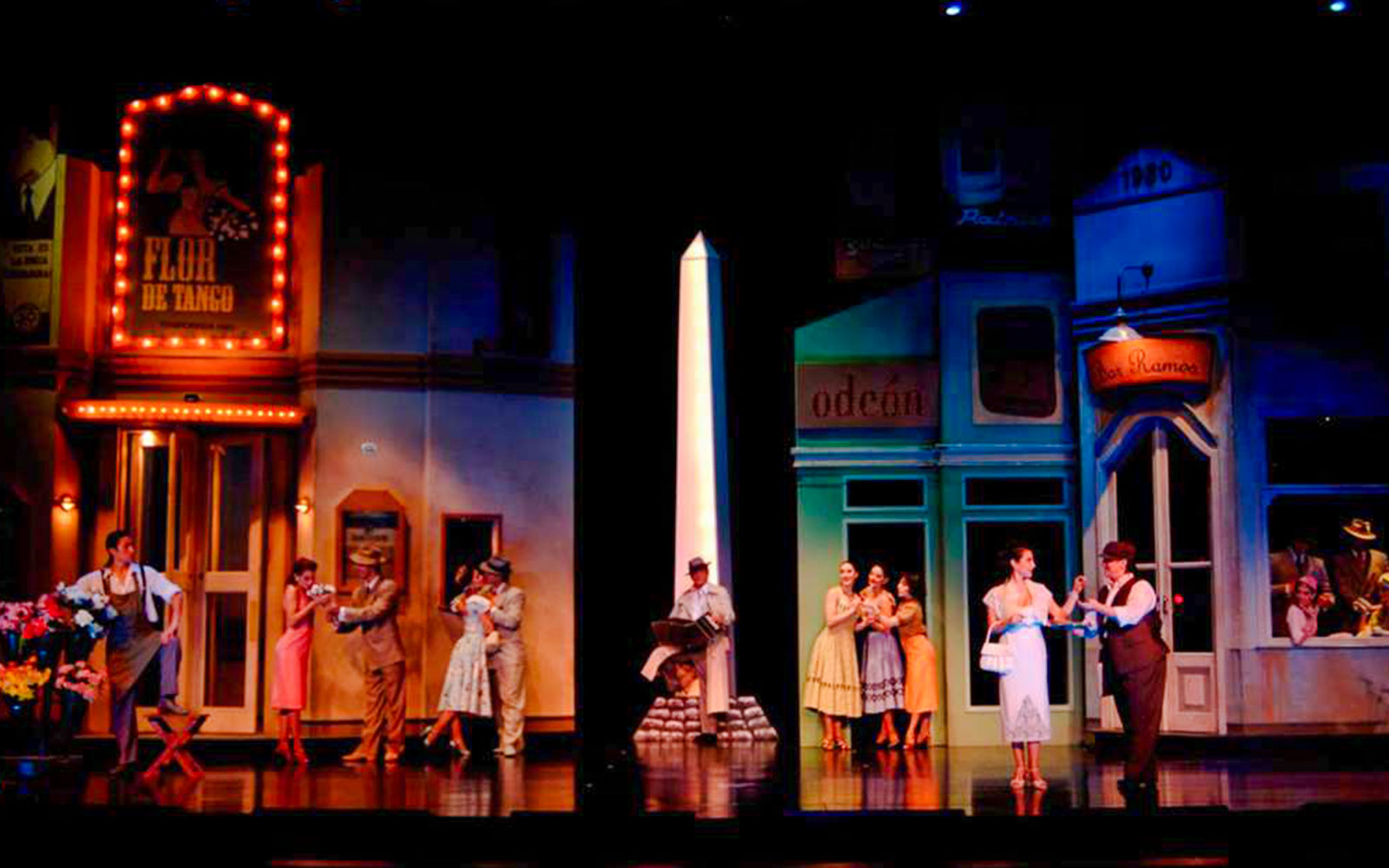 Tango dancers performing on stage at Tango Porteño Show in Buenos Aires.