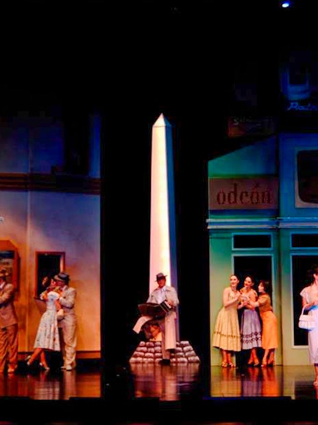 Tango dancers performing on stage at Tango Porteño Show in Buenos Aires.