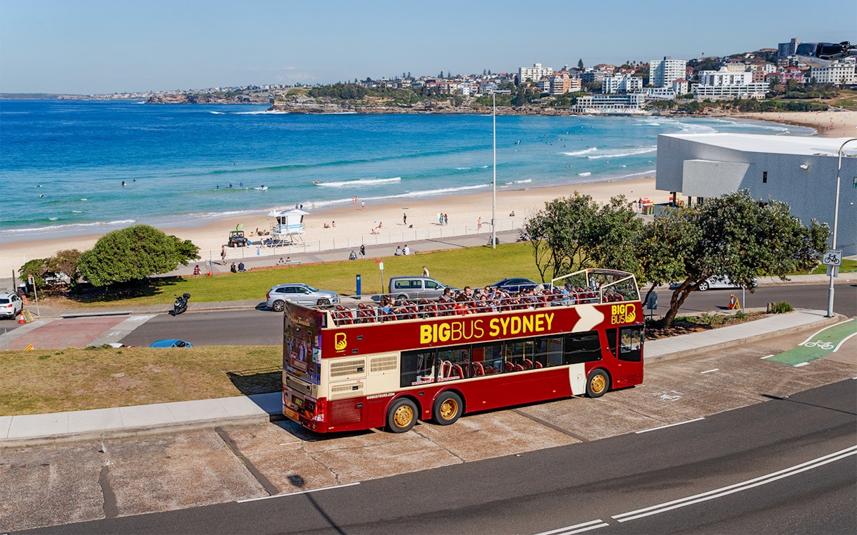 Big Bus Sydney parked near Bondi Beach with ocean and cityscape in the background.