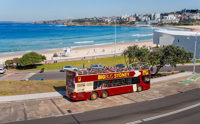 Big Bus Sydney parked near Bondi Beach with ocean and cityscape in the background.
