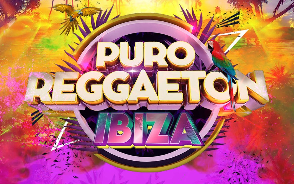 Puro Reggaeton Ibiza event poster with tropical background and parrot.