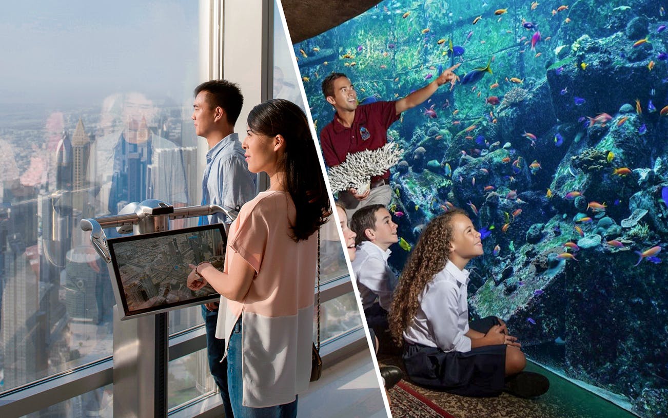 Visitors enjoying views from Burj Khalifa's observation deck and exploring The Lost Chambers Aquarium in Dubai.
