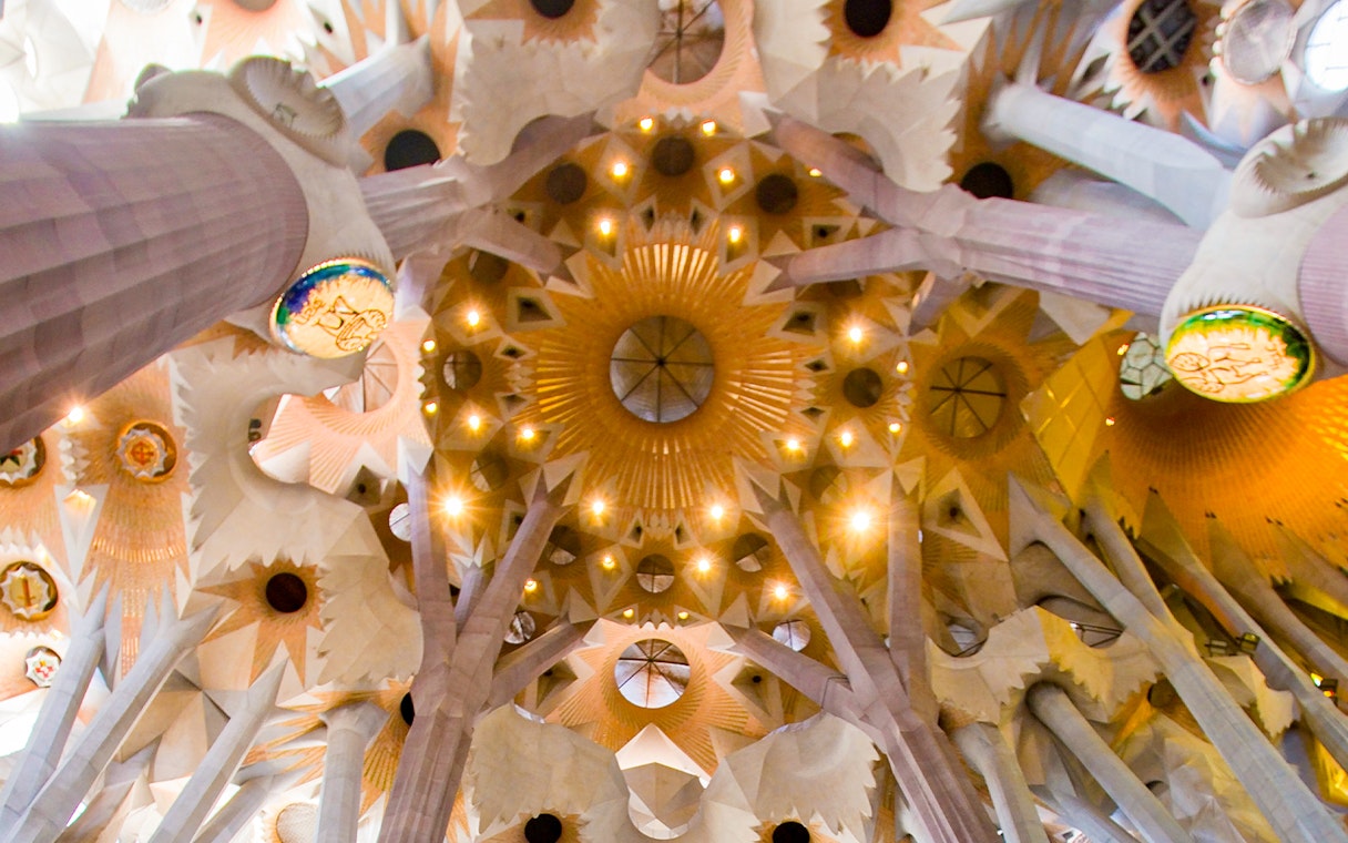Ceiling of Sagrada Familia with intricate geometric patterns and columns, Barcelona.