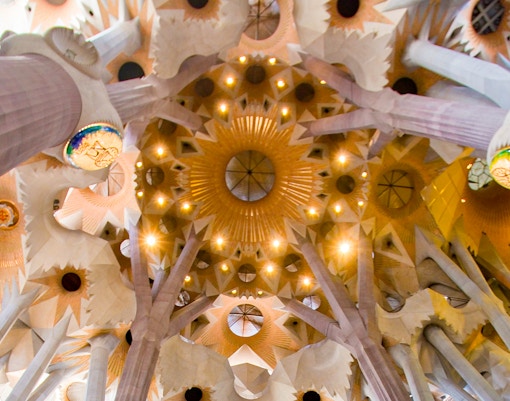 Ceiling of Sagrada Familia with intricate geometric patterns and columns, Barcelona.