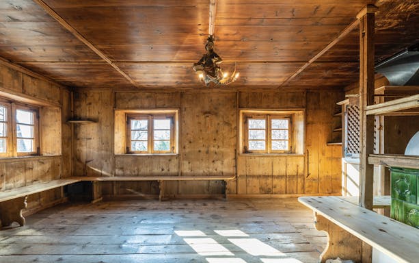 Rustic wooden interior at QC Terme Bagni Nuovi di Bormio, Italy.