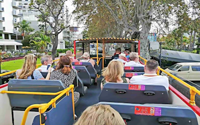 People seated on upper deck of City Sightseeing bus in Funchal, passing by trees and buildings.