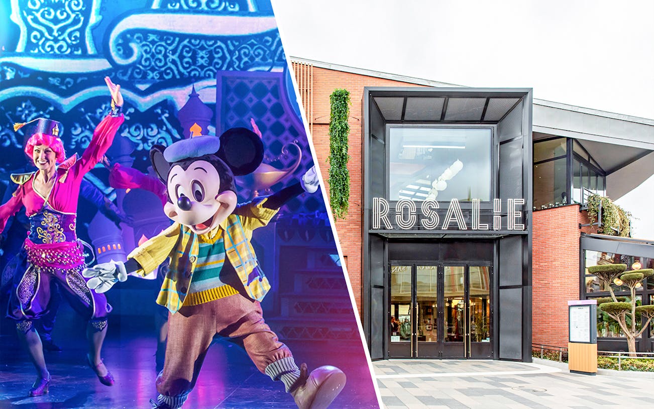 Disneyland Paris entrance with visitors and Rosalie restaurant nearby.