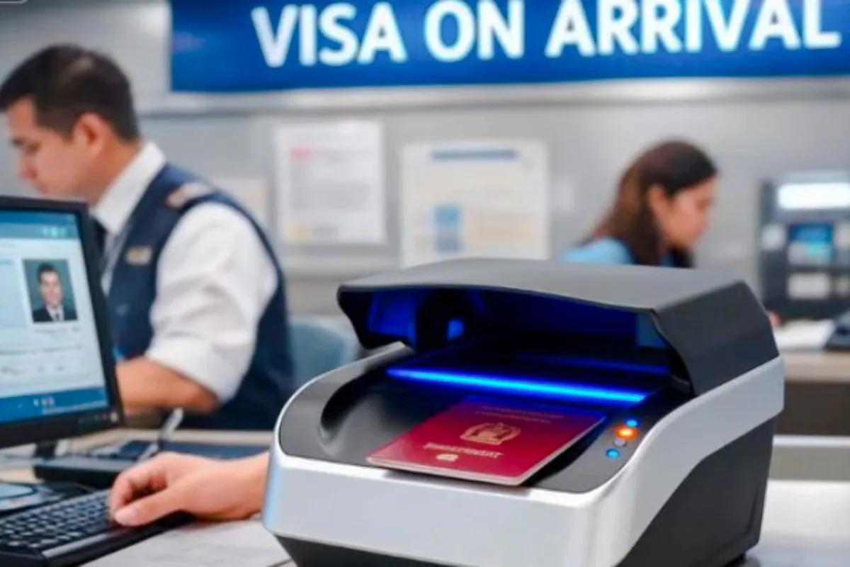 Visa on arrival processing at Hanoi airport with passport scanner.