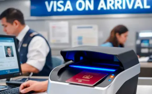 Visa on arrival processing at Hanoi airport with passport scanner.