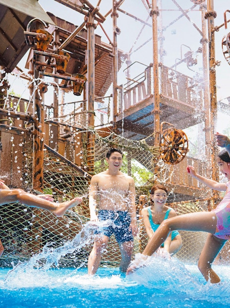 Visitors enjoying water play at Adventure Cove Waterpark™ with interactive structures.