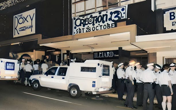 Police presence outside The Roxy nightclub during Fortitude Valley's true crime tour.