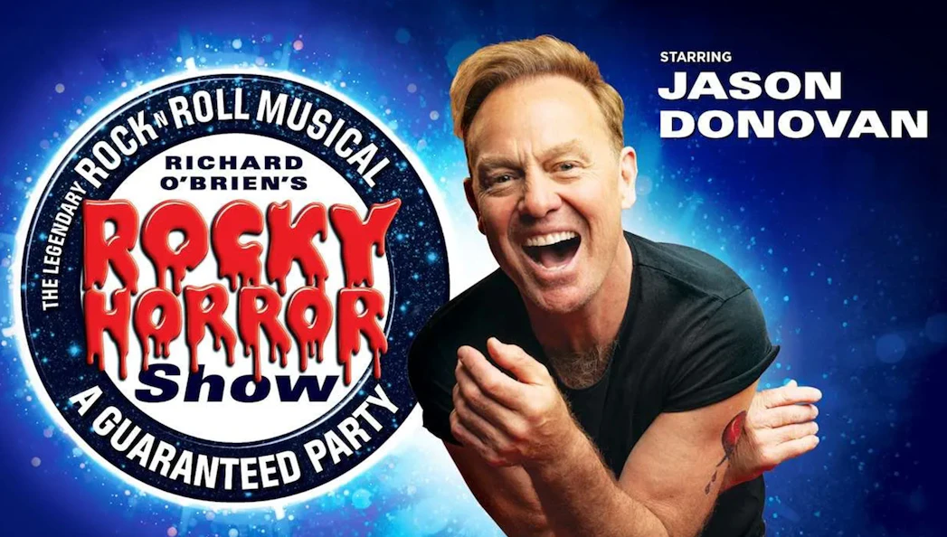 Rocky Horror Show promotional image with performer and logo.
