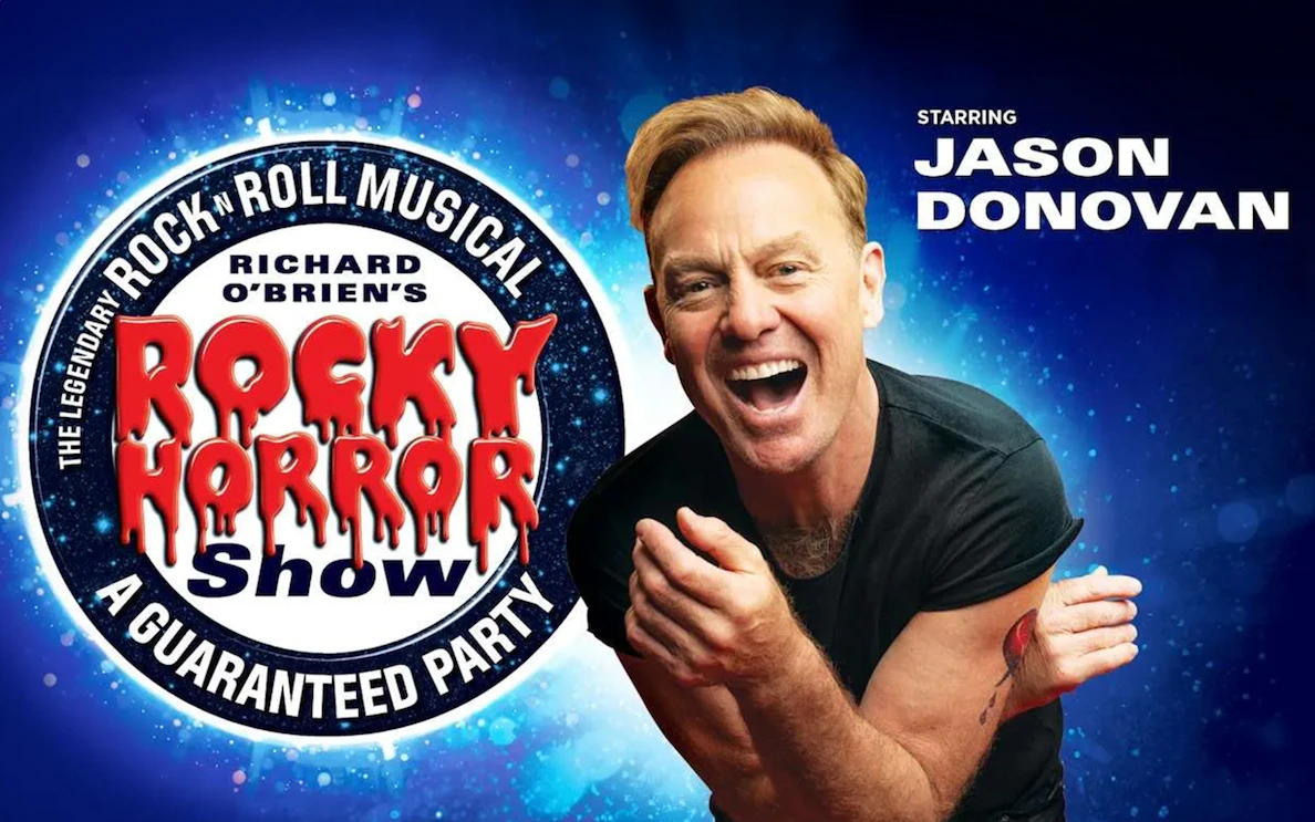 Rocky Horror Show promotional image with performer and logo.