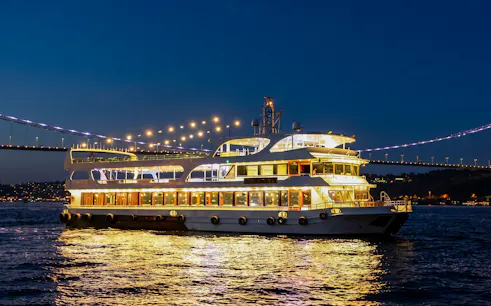 Cruise ship on Bosphorus at night with bridge lights, Istanbul.