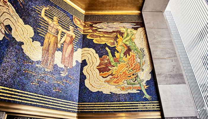 Rockefeller Center mural depicting vibrant historical scenes in New York City.