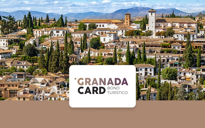 Granada cityscape with Alhambra view, featuring Granada Card for skip-the-line access and public transport.