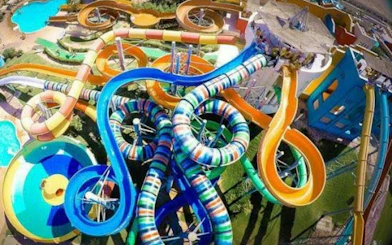 Colorful water slides at Makadi Water World Aqua Park, Hurghada.