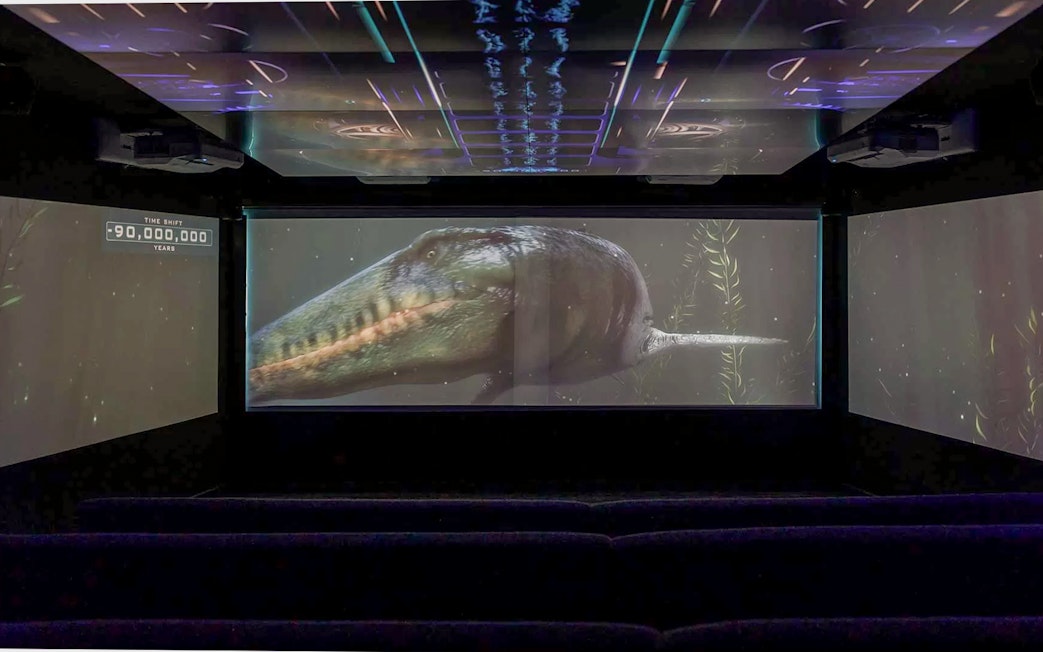 Underwater theatre showing prehistoric marine creature on screen.