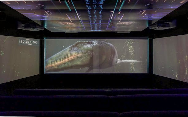 Underwater theatre showing prehistoric marine creature on screen.