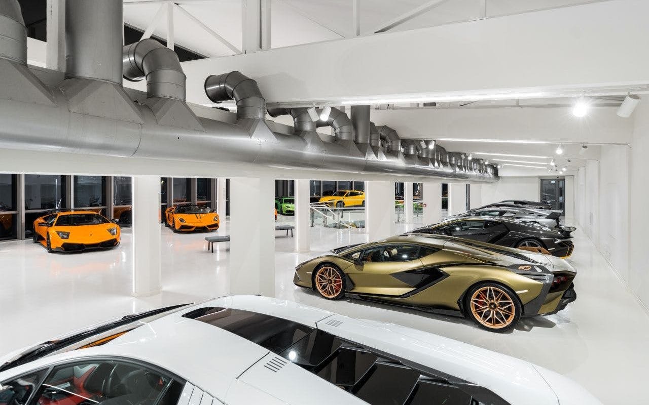 Lamborghini museum in Bologna showcasing rare Centenario and Sián models.