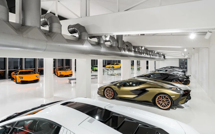 Lamborghini museum in Bologna showcasing rare Centenario and Sián models.