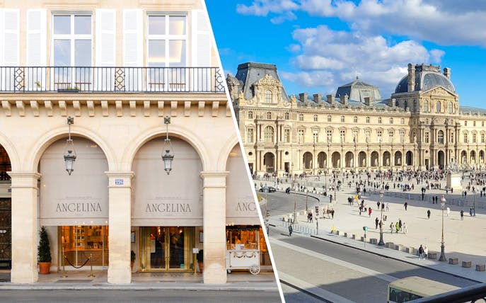 Entrance of Angelina Rivoli in Paris with view of the Louvre Museum.