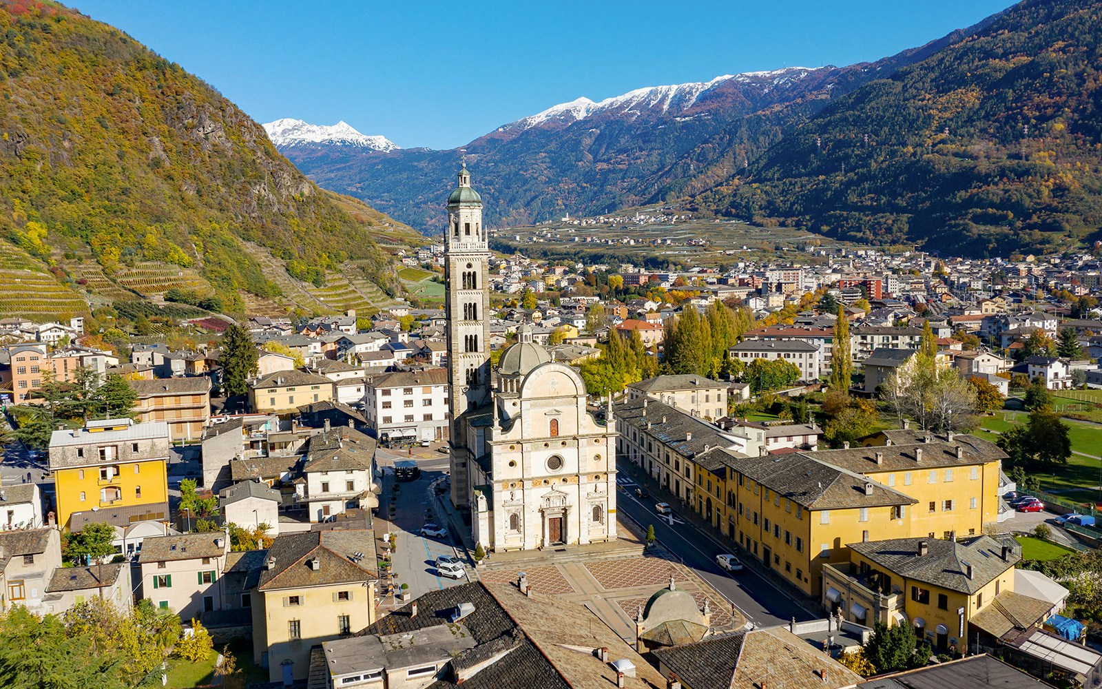 Valtellina, Italy, aerial view of the sanctuary of the Madonna of Tirano