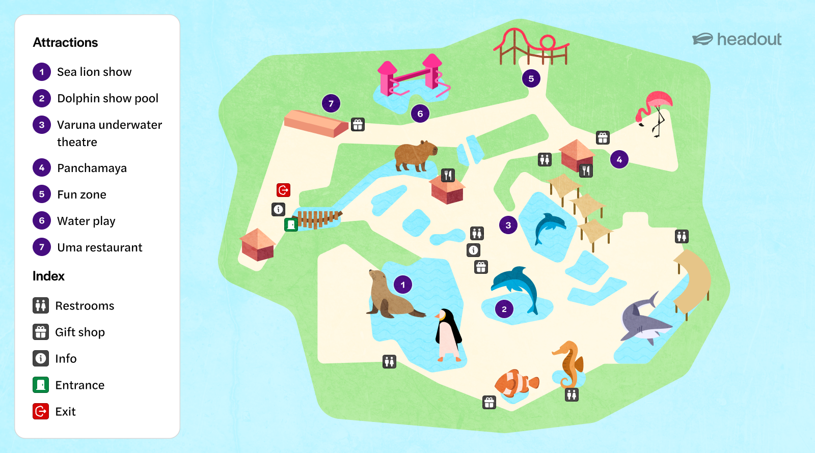 Bali Marine Safari map showing attractions like sea lion show, dolphin pool, and Varuna theatre.