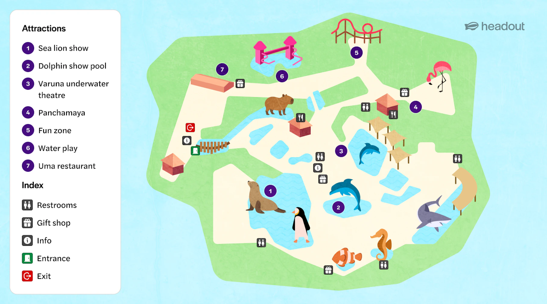 Bali Marine Safari map showing attractions like sea lion show, dolphin pool, and Varuna theatre.